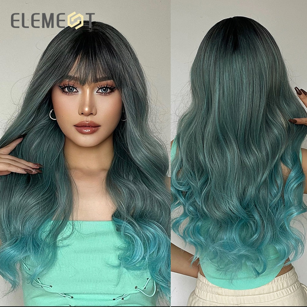Christmas gifts Synthetic Wigs For Women Ombre Green Blue Long Wavy Hair Cosplay Lolita Party Wig With Bangs Heat Resistant Fiber