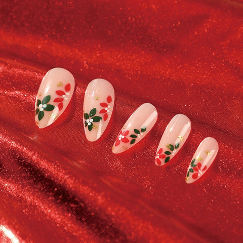 Beyprern Christmas False Nails 24Pcs Green And Red Flower Press On Nail Design Nail Art Stick On Holiday Fake Nails Detachable Wear Nails