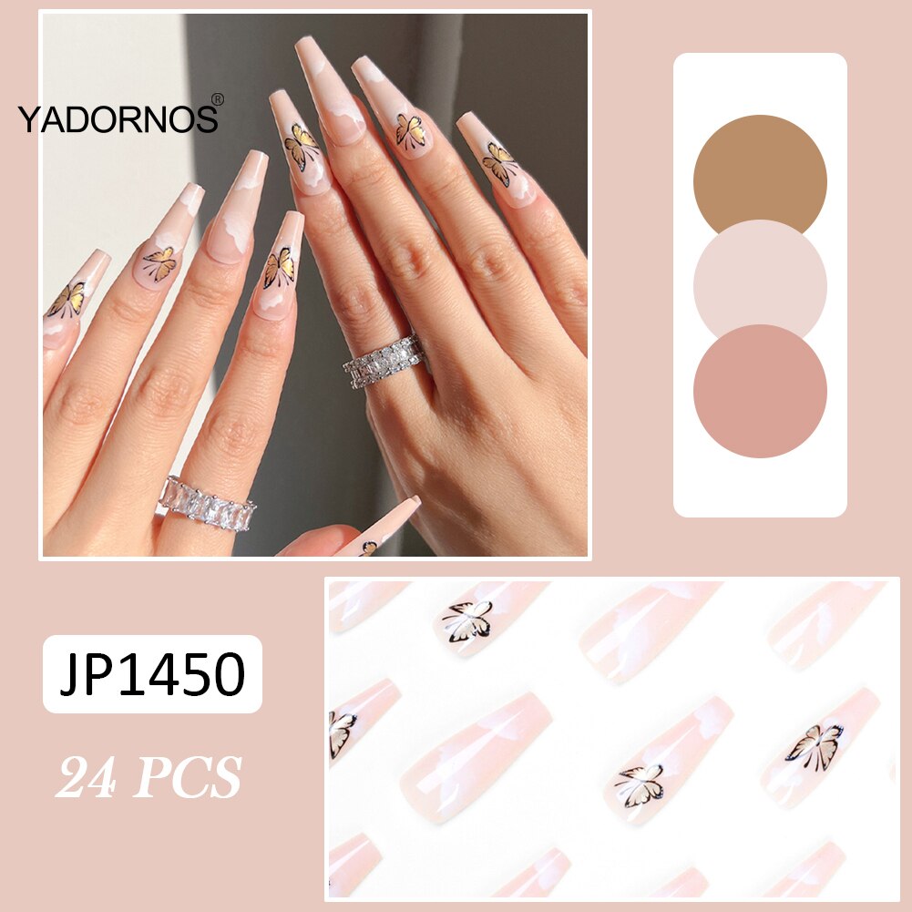 Pressed On Nails 24pcs Butterfly Print Artificial Nails French Manicure Nail Long Finished Nails Piece Artificial Nail Tips
