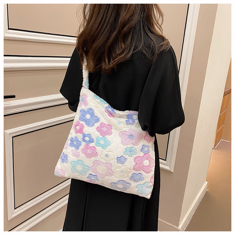 Women's Flower Pattern Shoulder Bag, High Capacity Plush Bag, Adjustable Shoulder Strap Crossbody Pack