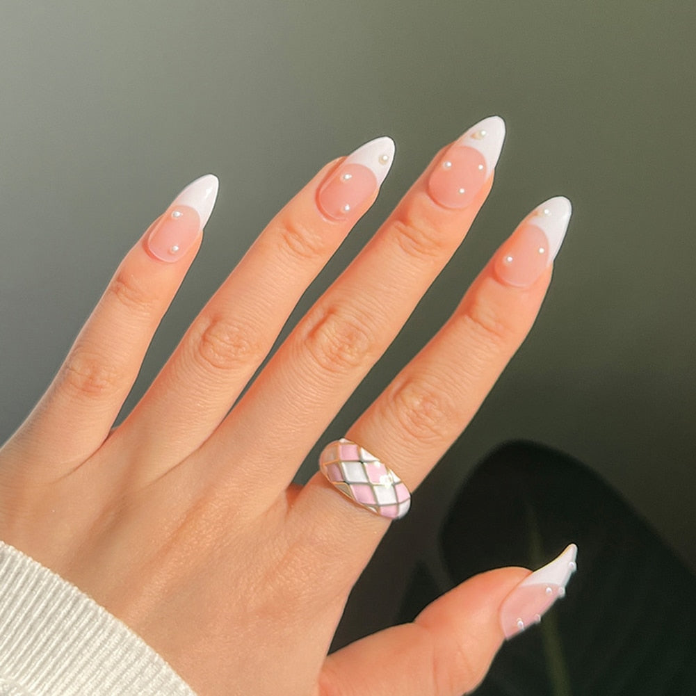 Beyprern Fake Nails Almond Pre Decorated Nails 24Pcs French Tip Nails White Edge False Nail With Rhinestone Press On Nails With Designs