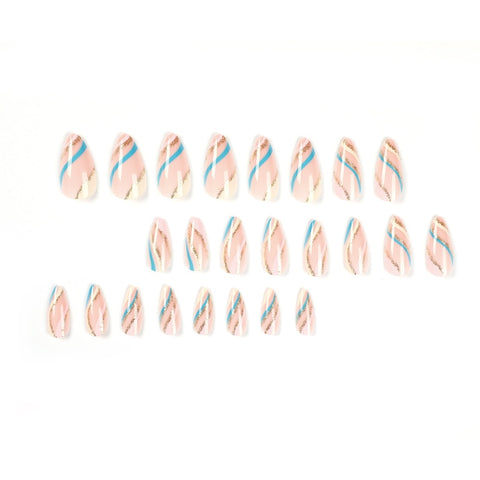 Beyprern 24Pcs Multicolor Wave Almond Press On Nails Glitter False Nails Kit Fashion Fake Stick On Nail Full Cover Manicure Detachable