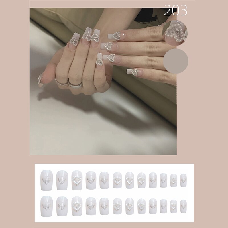 Thanksgiving Day Gifts 24Pcs/Set Mid-Length White Artificial Nail Press On Nails Cute Pearl Shinty Heart Design Fake Nails With Glue Press On For Girls