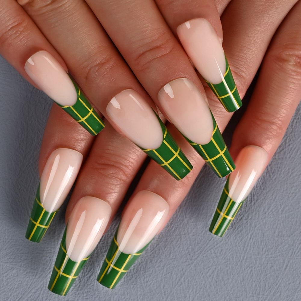 Beyprern Press On Nails Long Coffin False Nails French Ballerina Green Plaid with Diamond Gold Foil Design Fake Nails Full Cover Nail Tip