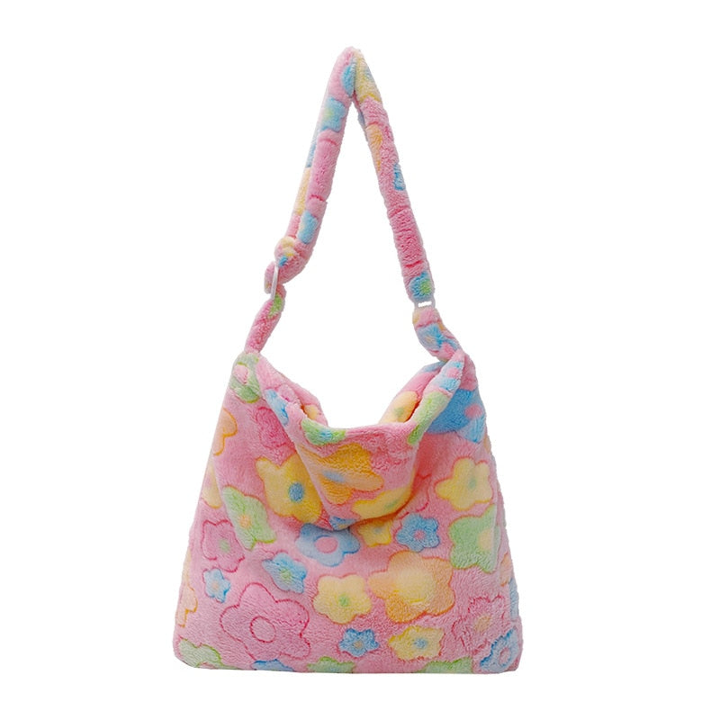 Women's Flower Pattern Shoulder Bag, High Capacity Plush Bag, Adjustable Shoulder Strap Crossbody Pack