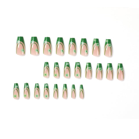 Beyprern 24Pcs French Green Stick On Nails Fashion Flower Press On Nails Kit Medium Coffin False Nail Tip Detachable Travel Wear Nail