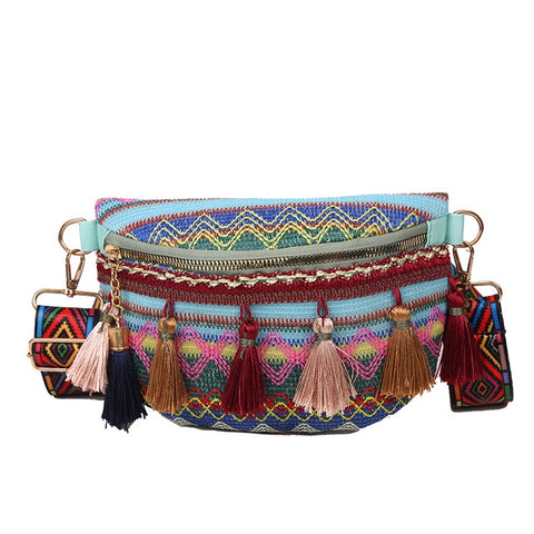Women Ethnic Style Wallets With Adjustable Strap Variegated Color Fanny Pack With Fringe Decor Crossbody Chest Bags Waist Bag