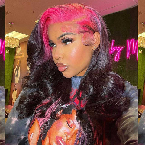 Beyprern 13X4 HD Lace Frontal Wig Pink Root Body Wave Lace Front Wig Braziliantransparent Green Lace Front Human Hair Wigs For Women