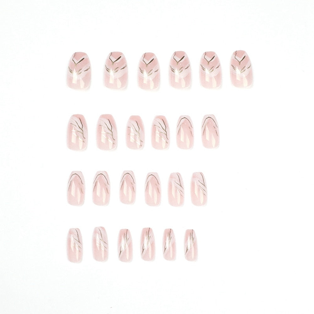 24Pcs White Smudge Line Fake Nails French Coffin False Nails Manicure Ballerina Full Cover Artificial Press On Nails Decoration