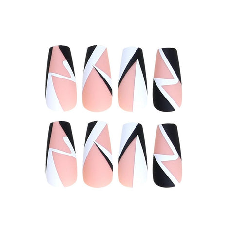 Easter  24pc Fake Nails With Geometry Pattern Designs Press On False Nails Black&White Full Cover Nail Tips French Coffin Ballerina Nail