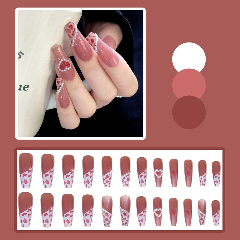 Long Coffin False Nails With Butterfly Wearable Leopard Print Heart Pearl Decorative Press On Nails Fashion Girl Manicure Tips