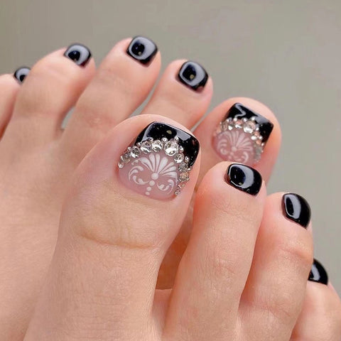 Thanksgiving Day Gifts 24Pcs Fake Toe Nails White Flower Black French Glitter Diamond Summer Detachable Press On False Toenails Manicure Feet Nail Tips