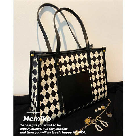 Women's Bag Vintage High Fashion Black Lingge Tote Bag commuter large capacity Handbag Shopping Shoulder Bag