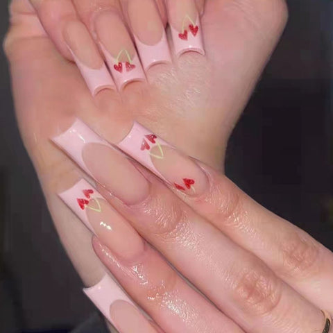 Easter  24Pcs Long Coffin Pink Color False Nails Design With Heart Cherry Pattern DIY Artificial Ballerina Fake Nails With Glue Wearable