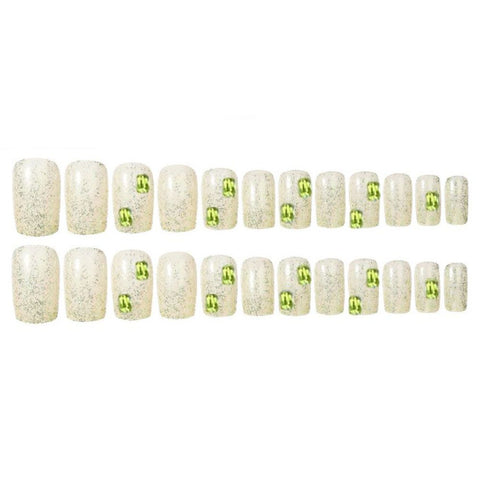 Fake Nails With Rhinestones Glitter Clear Green Press On Nails Sweet Wearable False nails Full Cover Short Nails Free Shipping