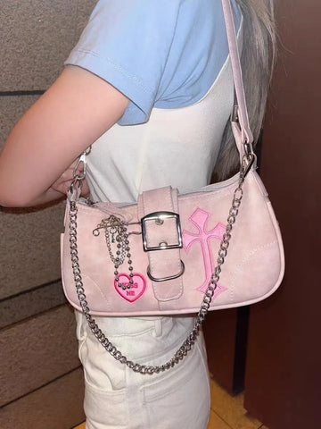 Beyprern back to school Y2k Fashion Women's Handbags Stars Pattern Cool Girls Underarm Bag Fashion Canvas Female Small Shoulder Bags Chain Tote Purses