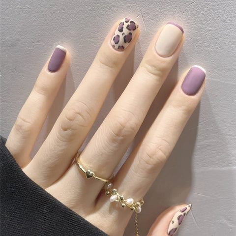 Easter  24PCS Short Press On Nails Nails With Designs Cute Purple Leopard Design Full Coverage Nails French Manicure Tips Nails