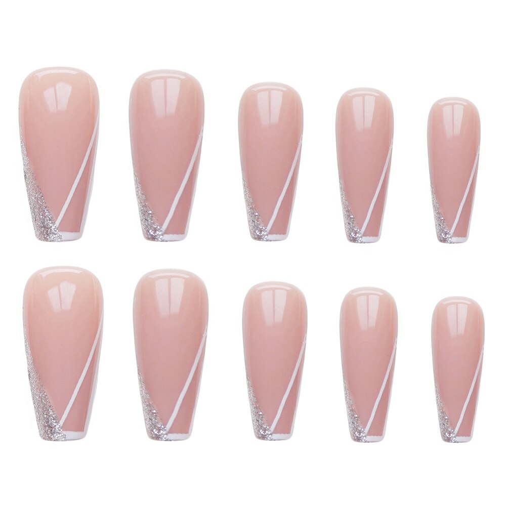 Long Coffin Nails Tips 24Pcs Glossy Wearable Nail Tips Design Pink Silver Fake Nail For Girl Press On Nails Free Shipping