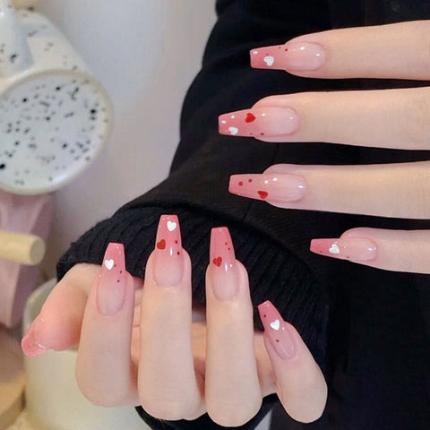 Middle Length Ballerina Rendering rouge Pink Color False Nails Design With Heart Pattern DIY Artificial Fake Nail Press On Nails