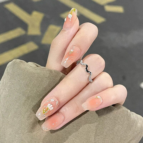 Beyprern 24Pcs Wearing Nails Ballerina False Nails Gradient Tulip Flower Press On Nail Removable Fashion Fake Nails French Manicure