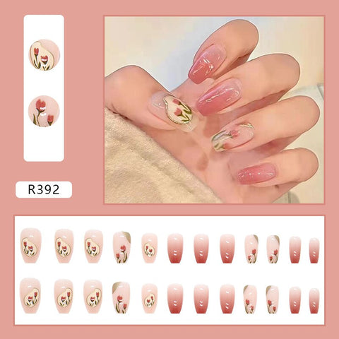 Beyprern 24Pcs Wearing Nails Ballerina False Nails Gradient Tulip Flower Press On Nail Removable Fashion Fake Nails French Manicure