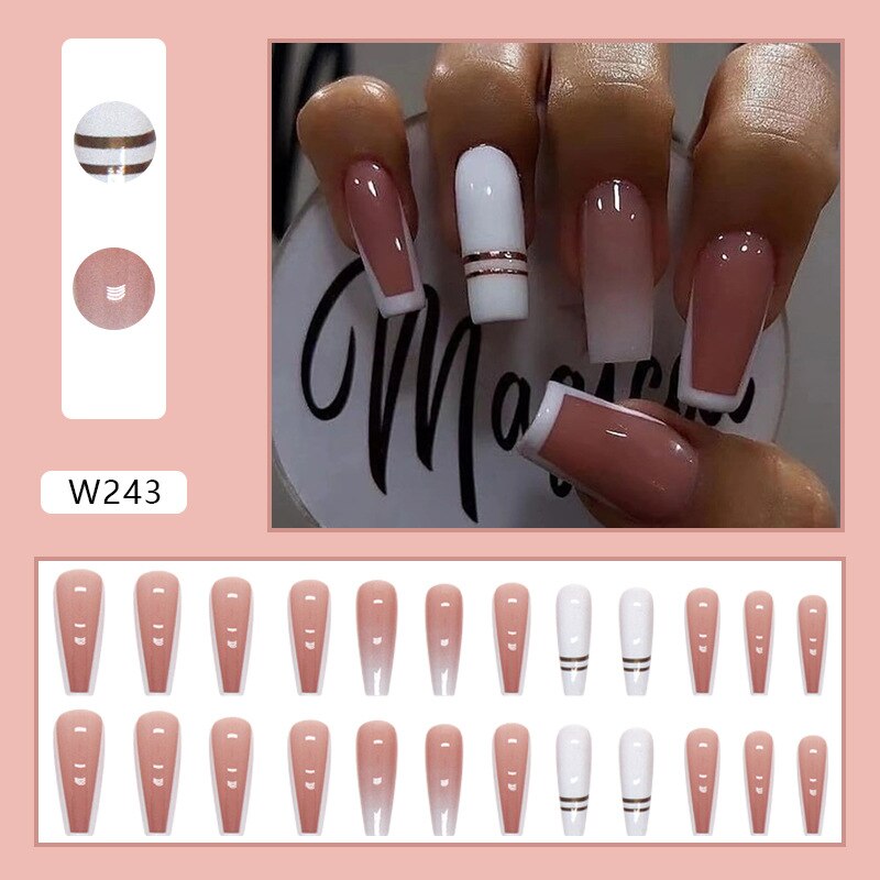 Beyprern 24Pcs Long Ballerina Fake Nails Set Simple French Gradient Pink Press On Fingernails Ins Sweet Full Cover Coffin False Nails