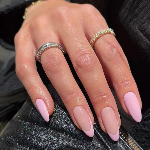 Beyprern 24Pcs Cute Pink French Press On Nails Simple Design False Fingernails Almond Fake Nail Set With Nail Accessories Beauty Nail Art