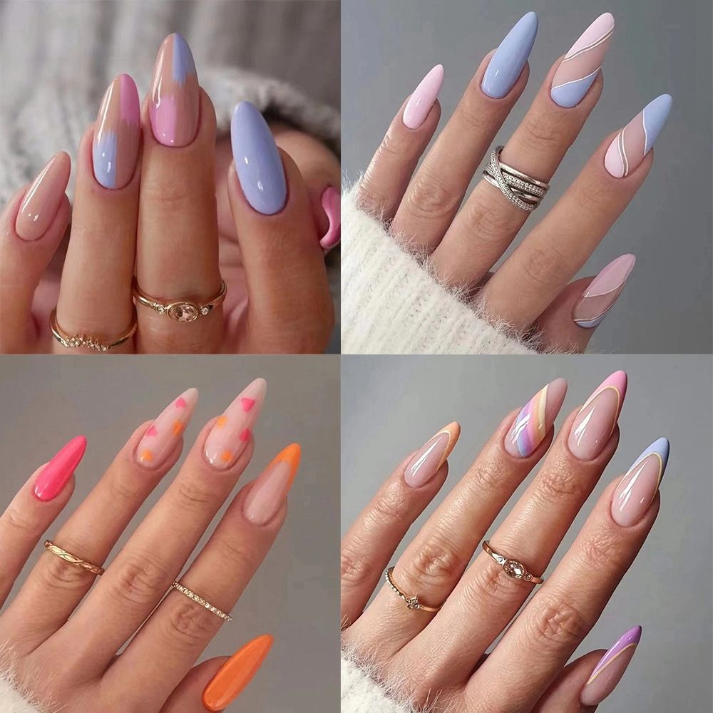 Beyprern Simple French Wearable False Nails Almond Colorful Stripes Colorblock Design Manicure Fake Nails Line Full Cover Press On Nail