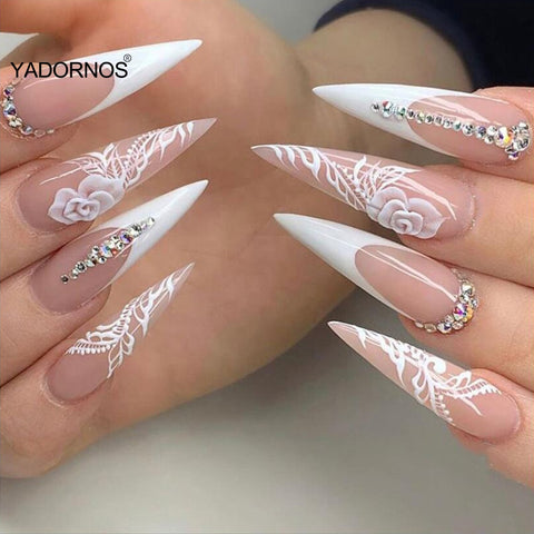 Designer Nails Set Press On Nails 24pcs Rose Print Fakes Nails Long Pointed Head Artificial Nails Finished Nail Piece Jelly Gel