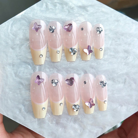 Beyprern 24Pcs Gradient Fake Nails With Flash Diamond French Ballet Coffin Detachable Full Cover Press On False Nail Art Tips Tool