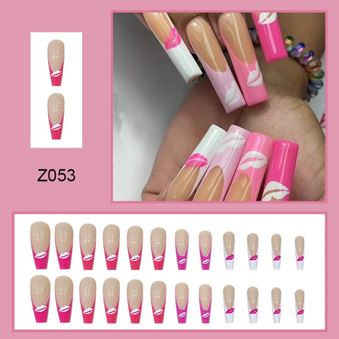 Beyprern 24Pcs Gradient Pink Long Coffin False Nails With Lips Design French Ballerina Fake Nails Full Cover Nail Tips Press On Nails