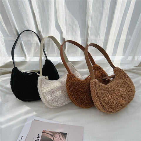 Fashion Women Top-Handle Bag Cashmere Surface Solid Color Casual Hanging Portable Package Handle Bags Crossbody Bags