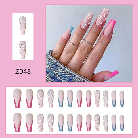 Beyprern 24Pcs Detachable Long Ballet French False Nails With Sweet Flower Wave Design Full Cover Artificial Fake Nails Press On Nail Tip