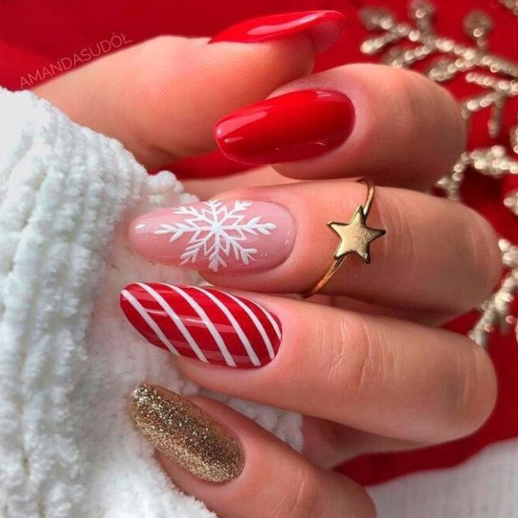 Beyprern Christmas gifts 24Pcs Christmas Long Ballerina Coffin False Nails Xmas Snowflake Full Cover Press On Fake Nails 2022 New Year Manicure Tips
