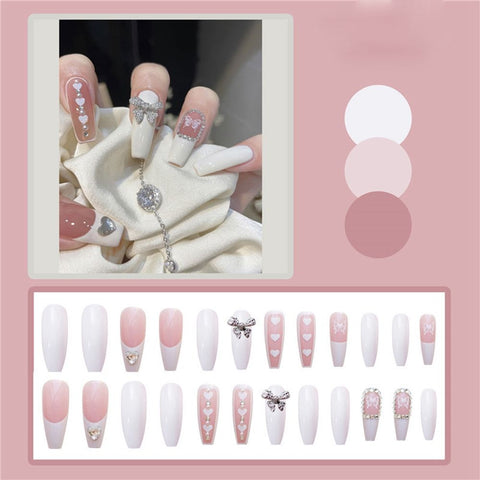 Beyprern 24Pcs Simple Heart Pearl French Long Coffin False Nails With Designs Artificial Nails Tips Ballet Bow Glue Press On Nail