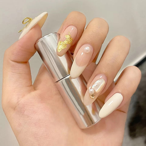 Thanksgiving Day Gifts 24Pcs/Box Hairband Bow Pearl Fake Nails Long Pointed Gold Foil French Style Press On Nails False Nails With Glue Finger Tip Art