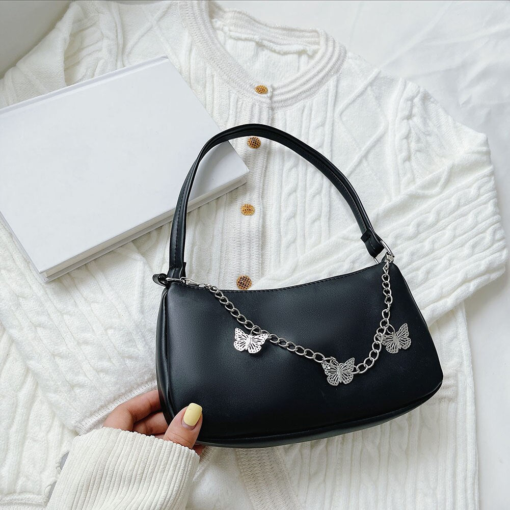 Christmas gifts Fashion Women Butterfly Chain Shoulder Underarm Bags Casual Ladies Pure Color Small Purses Handbags Elegant PU Leather Hobo Bags