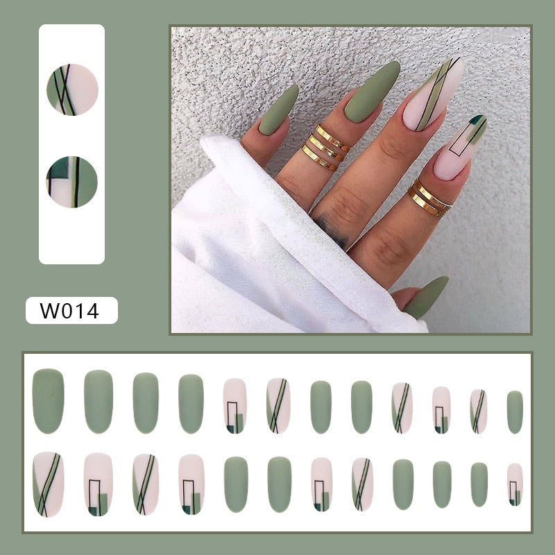 Beyprern 24Pcs False Nails Matte Green Nails Patch With Glue Removable Long Paragraph Fashion Manicure Press On Nail Tips Free Shipping