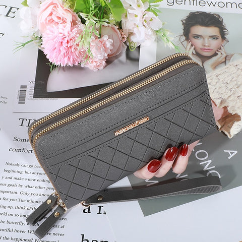 Beyprern Double Zipper Women Wallet PU Leather Red/Blue/Pink/Black Card Holder Long Female Wallet Color Matching Cellphone Bag Lady 2022