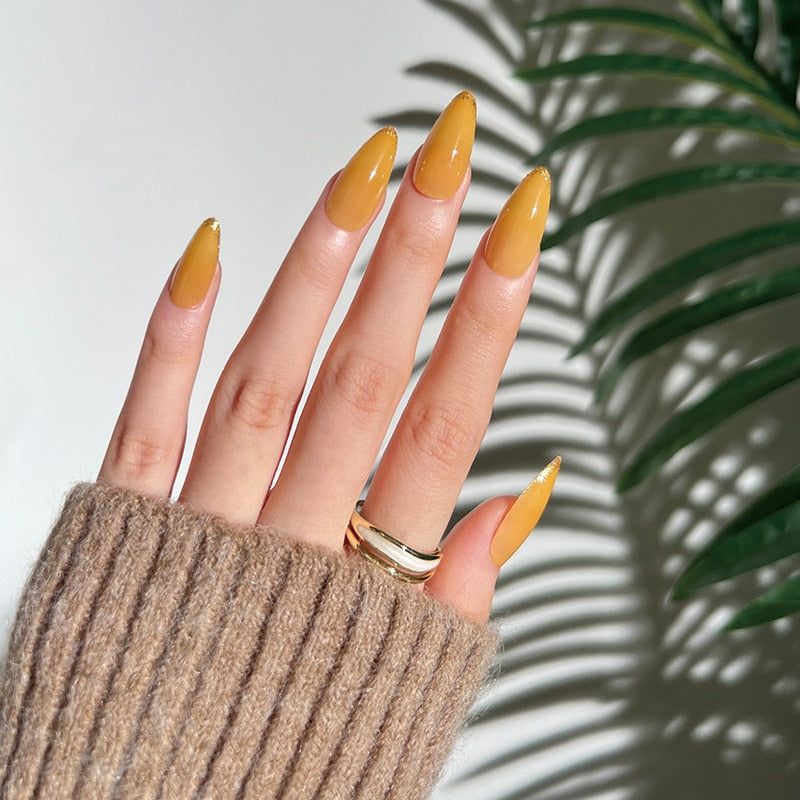 Beyprern 24Pcs False Nail Set Almond French Press On Nails With Glod Powder Orange Stick On Nails Elegant Detachable Fake Nail Tips