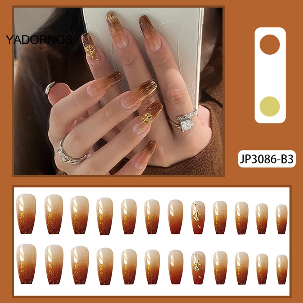 Artifical Nails 24pcs Long Press On Nails Cute Gradient Brown Full Coverage Artificial Nails Removable Jelly Gel Type Ty