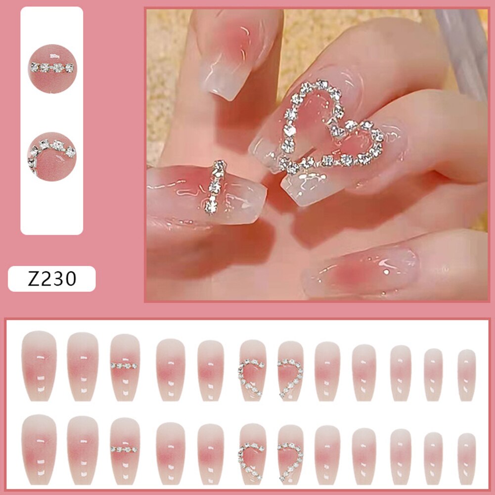 Beyprern 24Pcs False Nails Rhinestone Heart Decorated With Glue Fake Nails Pink Gradient Ballet Long Coffin Nails Full Cover Manicure Art