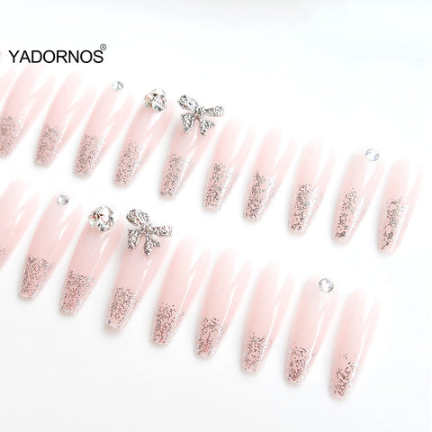 Beyprern 24Pcs Fake Nails With Rhinestones Decorated Wearable Full Cover Nails With Glitter Medium Coffin Press On Nails Free Shipping