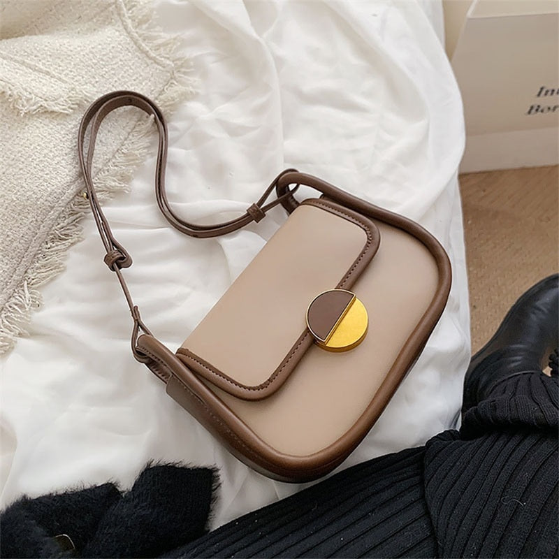 Women's Underarm Bag Plain Gold Round Lock Flip Up Adjustable Strap Simple Style Shoulder Bag