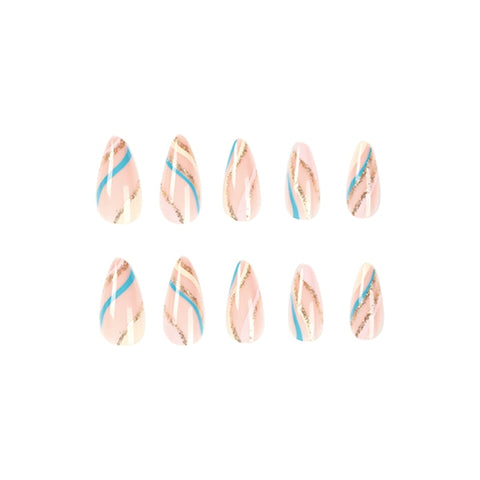 Beyprern 24Pcs Multicolor Wave Almond Press On Nails Glitter False Nails Kit Fashion Fake Stick On Nail Full Cover Manicure Detachable