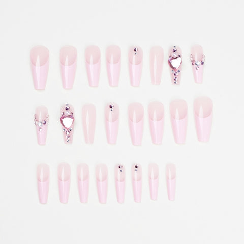 24Pc French Long Ballet False Nails Pink Heart Pile Drill Wearable Coffin Fake Nail Tips Full Cover Acrylic DIY Manicure Tools