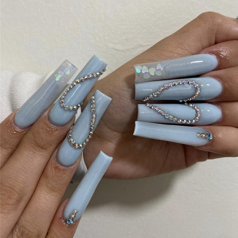 Beyprern 24Pcs Press On Nail Blue Heart French Ballet Long Coffin False Nails With Rhinestone Full Finished Acrylic Nail Tip Full Cover