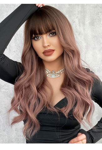 Christmas gifts Pink Brown Wig Long Wavy Synthetic Wigs With Bangs For Women Cosplay Hair Big Wave Wig Natural Wigs Heat Resistant