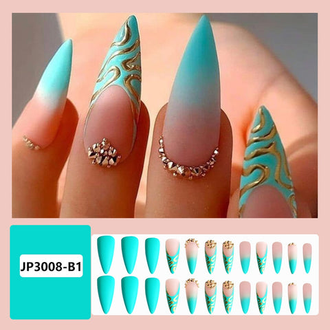 Beyprern Long Stiletto False Nails Gradient Light Green Wearable French Fake Nails Press On Nails Striped Diamond Design Manicure Tips