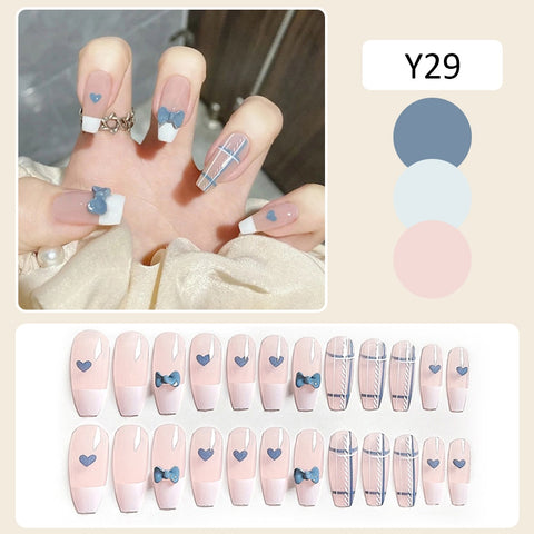 Beyprern Japanese Press On Nails 24pcs Long Heart Bow Decor Full Coverage Artificial Nails Removable With Jelly Gel Sweet Fake Nails Ty